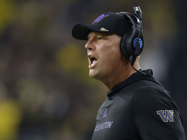 HOUSTON, TX - JANUARY 08: Washington Huskies head coach Kalen DeBoer reacts during the CFP National Championship against the Michigan Wolverines on January 08, 2024 at NRG Stadium in Houston, Texas.