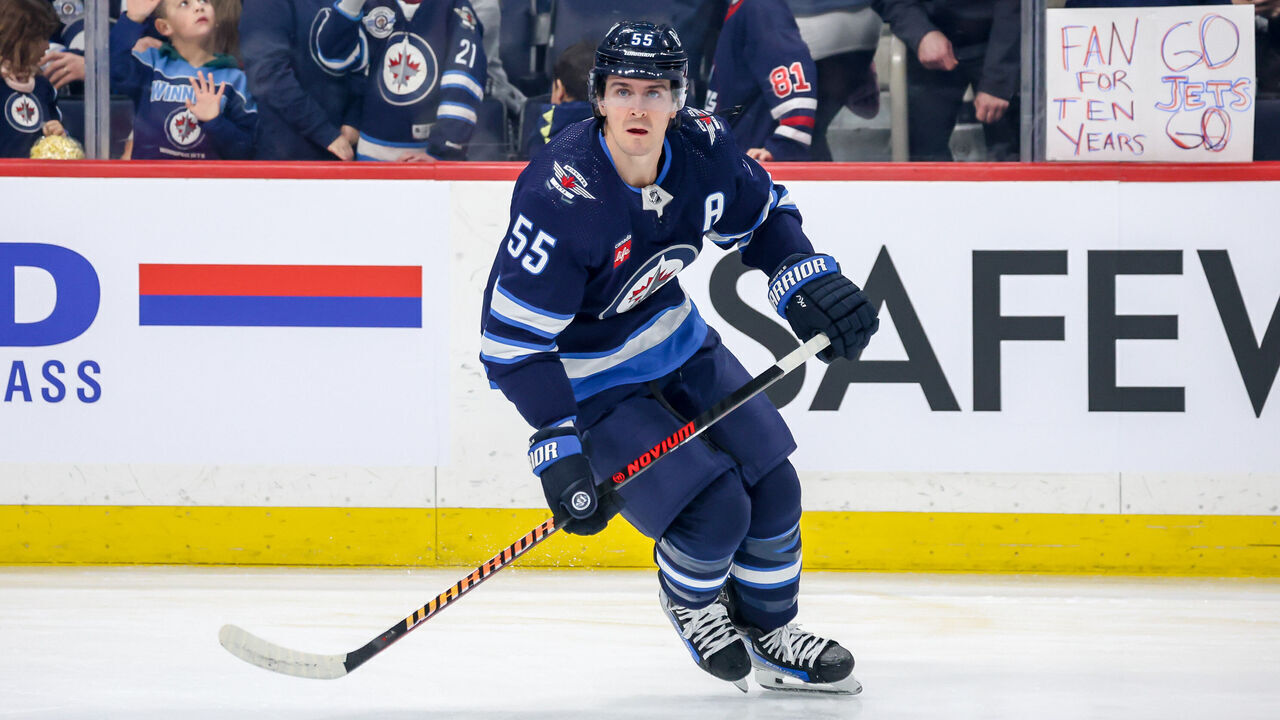 WINNIPEG, CANADA - JANUARY 11: Mark Scheifele #55 of the Winnipeg Jets takes part in the pre-game warm up prior to NHL action against the Chicago Blackhawks at the Canada Life Centre on January 11, 2024 in Winnipeg, Manitoba, Canada.