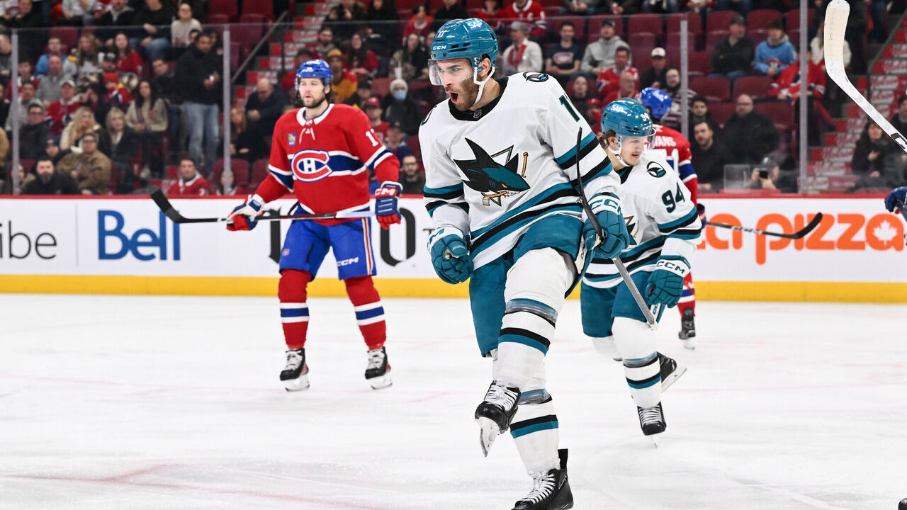 MONTREAL, CANADA - JANUARY 11: Luke Kunin #11 of the San Jose Sharks celebrates his goal during the first period against the Montreal Canadiens at the Bell Centre on January 11, 2024 in Montreal, Quebec, Canada.
