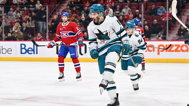 MONTREAL, CANADA - JANUARY 11: Luke Kunin #11 of the San Jose Sharks celebrates his goal during the first period against the Montreal Canadiens at the Bell Centre on January 11, 2024 in Montreal, Quebec, Canada.