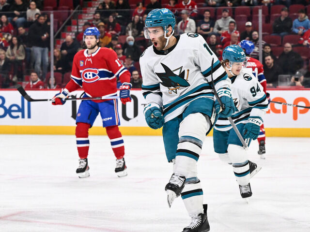 MONTREAL, CANADA - JANUARY 11: Luke Kunin #11 of the San Jose Sharks celebrates his goal during the first period against the Montreal Canadiens at the Bell Centre on January 11, 2024 in Montreal, Quebec, Canada.