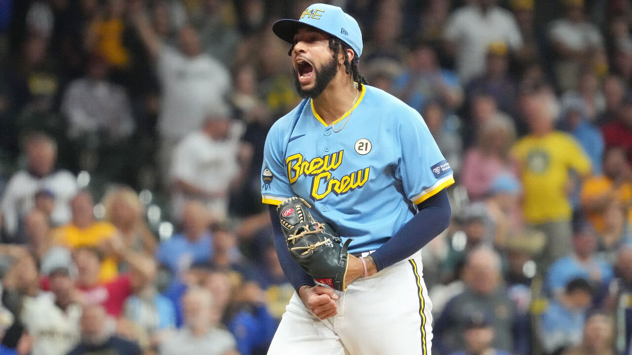 MILWAUKEE, WISCONSIN - SEPTEMBER 15: Devin Williams #38 of the Milwaukee Brewers celebrates striking out a batter during the ninth inning against the Washington Nationals at American Family Field on September 15, 2023 in Milwaukee, Wisconsin.