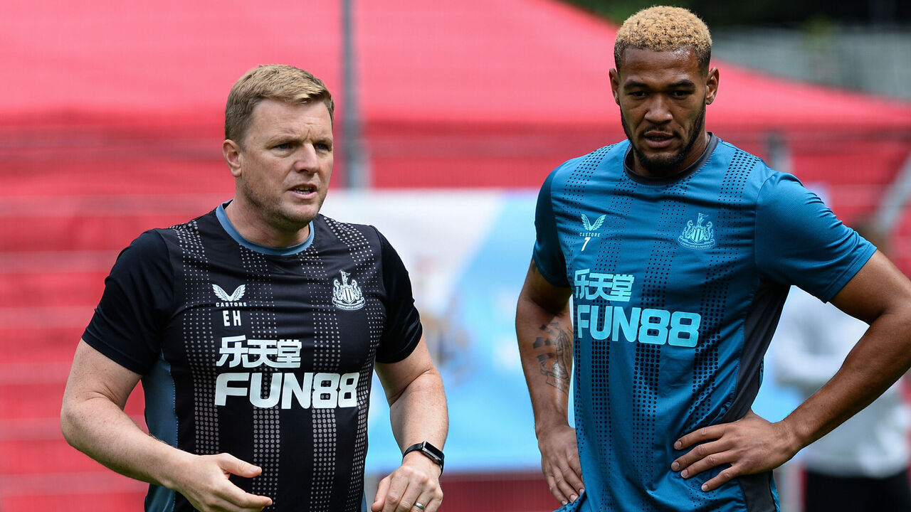 SAALFELDEN, AUSTRIA - JULY 11: Newcastle United Head Coach Eddie Howe (L) and Joelinton (R) during the first day of the Austrian Pre Season Training Camp on July 11, 2022 in Saalfelden, Austria.