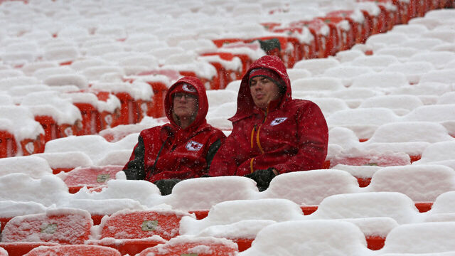 KANSAS CITY, MO - JANUARY 12: Fans sit in the cold and snow before an AFC Divisional Round playoff game game between the Indianapolis Colts and Kansas City Chiefs on January 12, 2019 at Arrowhead Stadium in Kansas City, MO.