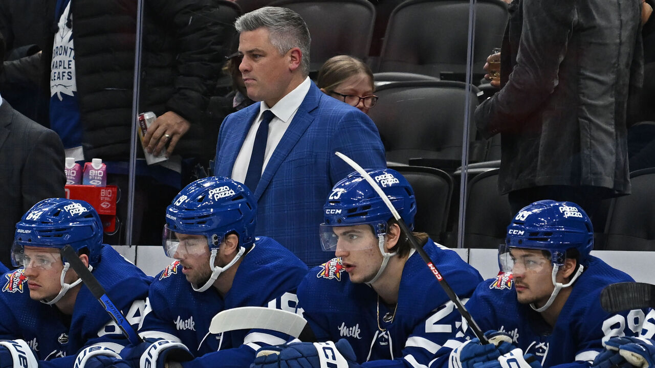 TORONTO, ON - DECEMBER 02: Toronto Maple Leafs Coach Sheldon Keefe behind the bench during the regular season NHL game between the Boston Bruins and Toronto Maple Leafs on December 2, 2023 at Scotiabank Arena in Toronto, ON.