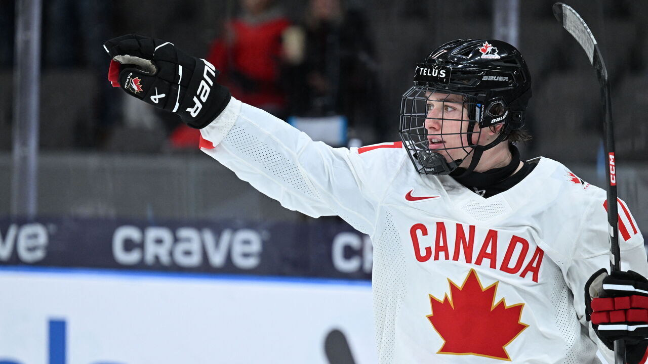 Canada's forward Macklin Celebrini celebrates scoring the 0-5 goal during the Group A ice hockey match between Latvia and Canada of the IIHF World Junior Championship in Gothenburg, Sweden on December 27, 2023.