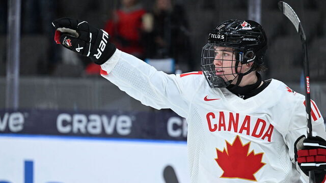 Canada's forward Macklin Celebrini celebrates scoring the 0-5 goal during the Group A ice hockey match between Latvia and Canada of the IIHF World Junior Championship in Gothenburg, Sweden on December 27, 2023.