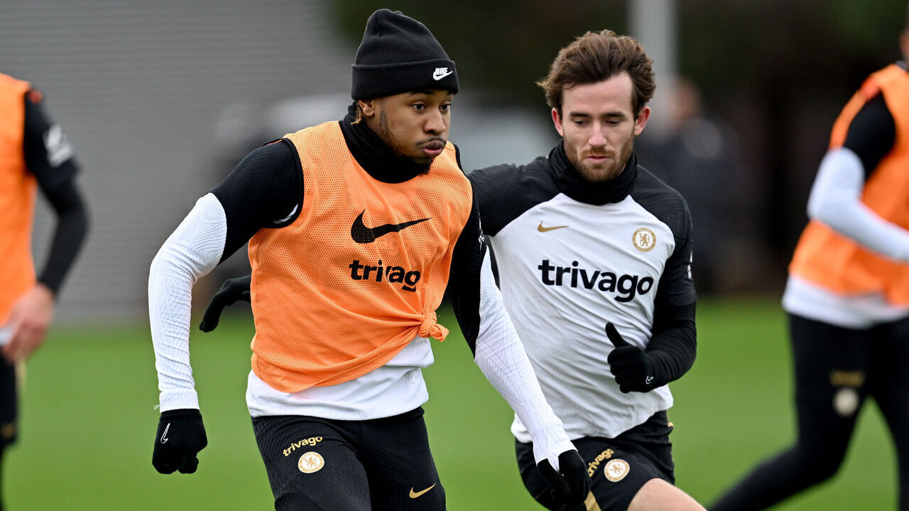 COBHAM, ENGLAND - JANUARY 5: Christopher Nkunku and Ben Chilwell of Chelsea during a training session at Chelsea Training Ground on January 5, 2024 in Cobham, England.
