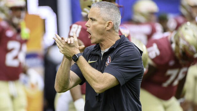 MIAMI GARDENS, FL - DECEMBER 30: Florida State head coach Mike Norvell yells on the field before the Capital One Orange Bowl college football game between the Georgia Bulldogs and the Florida State Seminoles on December 30, 2023 at the Hard Rock Stadium in Miami Gardens, FL.