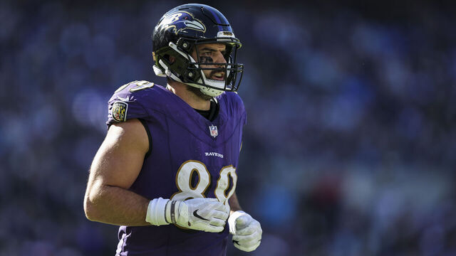 BALTIMORE, MARYLAND - OCTOBER 22: Mark Andrews #89 of the Baltimore Ravens runs during an NFL football game between the Baltimore Ravens and the Detroit Lions at M&T Bank Stadium on October 22, 2023 in Baltimore, Maryland.
