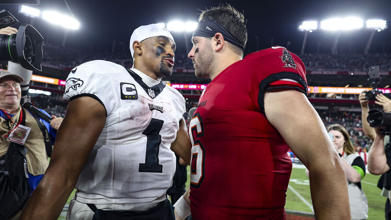 TAMPA, FL - SEPTEMBER 25: Jalen Hurts #1 of the Philadelphia Eagles talks with Baker Mayfield #6 of the Tampa Bay Buccaneers after an NFL football game at Raymond James Stadium on September 25, 2023 in Tampa, Florida.