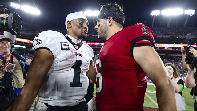 TAMPA, FL - SEPTEMBER 25: Jalen Hurts #1 of the Philadelphia Eagles talks with Baker Mayfield #6 of the Tampa Bay Buccaneers after an NFL football game at Raymond James Stadium on September 25, 2023 in Tampa, Florida.