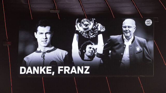 MUNICH, GERMANY - JANUARY 12: A general view inside the stadium as the message 'Danke, Franz' is displayed on the scoreboard after the passing of former German football player and manager, Franz Beckenbauer, prior to the Bundesliga match between FC Bayern München and TSG Hoffenheim at Allianz Arena on January 12, 2024 in Munich, Germany.