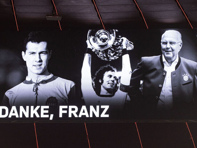 MUNICH, GERMANY - JANUARY 12: A general view inside the stadium as the message 'Danke, Franz' is displayed on the scoreboard after the passing of former German football player and manager, Franz Beckenbauer, prior to the Bundesliga match between FC Bayern München and TSG Hoffenheim at Allianz Arena on January 12, 2024 in Munich, Germany.
