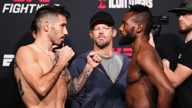 LAS VEGAS, NEVADA - JANUARY 12: (L-R) Opponents Matheus Nicolau of Brazil and Manel Kape of Angola face off during the UFC Fight Night weigh-in at UFC APEX on January 12, 2024 in Las Vegas, Nevada.