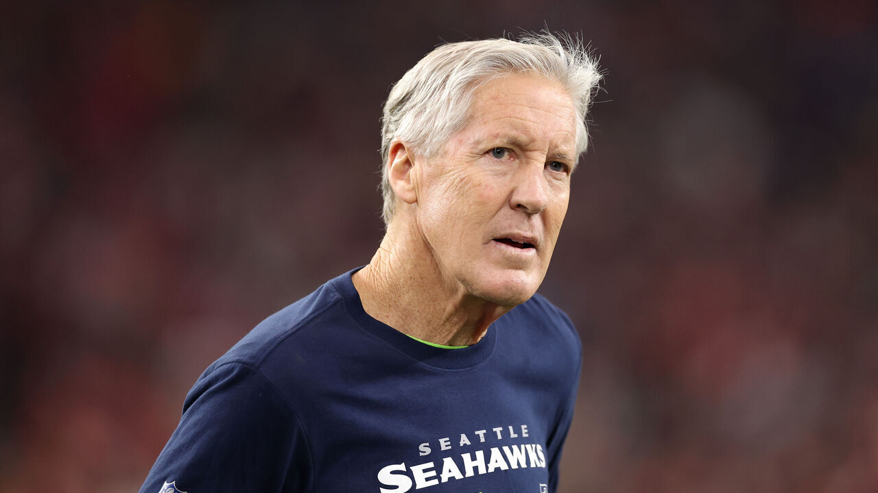 GLENDALE, ARIZONA - JANUARY 07: Seattle Seahawks head coach Pete Carroll looks on from the sideline during the third quarter against the Arizona Cardinals at State Farm Stadium on January 07, 2024 in Glendale, Arizona.