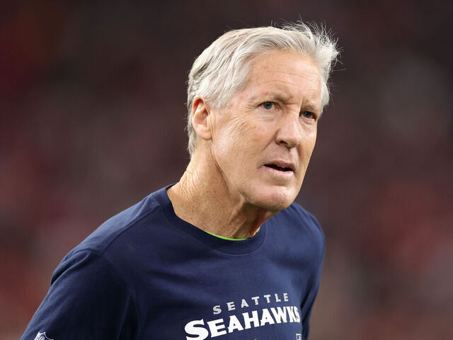 GLENDALE, ARIZONA - JANUARY 07: Seattle Seahawks head coach Pete Carroll looks on from the sideline during the third quarter against the Arizona Cardinals at State Farm Stadium on January 07, 2024 in Glendale, Arizona.