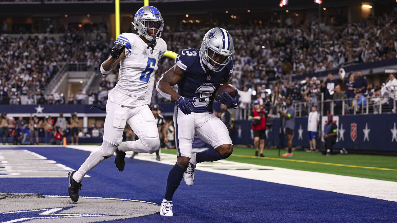 ARLINGTON, TX - DECEMBER 30: Brandin Cooks #3 of the Dallas Cowboys makes a catch for touchdown during an NFL football game against the Detroit Lions at AT&T Stadium on December 30, 2023 in Arlington, Texas.