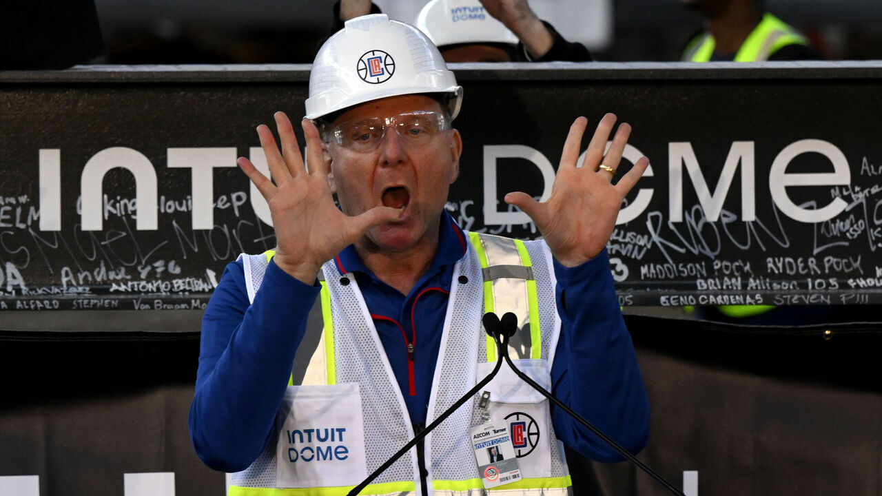 Inglewood, CA - March 07: Los Angeles Clippers owner Steve Ballmer speaks during the Intuit Dome Steel Topping Out and ceremonial raising of the final steel beam into Intuit Dome's ceiling in Inglewood on Tuesday, March 7, 2023.