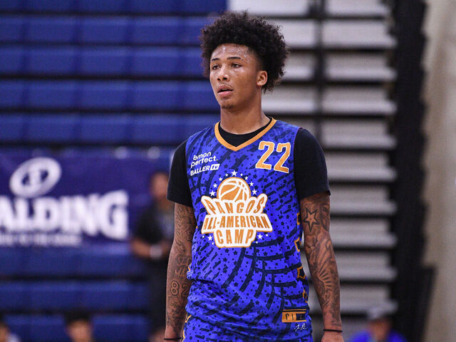 LAS VEGAS, NV - JUNE 07: Mikey Williams looks on during the Pangos All-American Camp on June 7, 2022 at the Bishop Gorman High School in Las Vegas, NV.