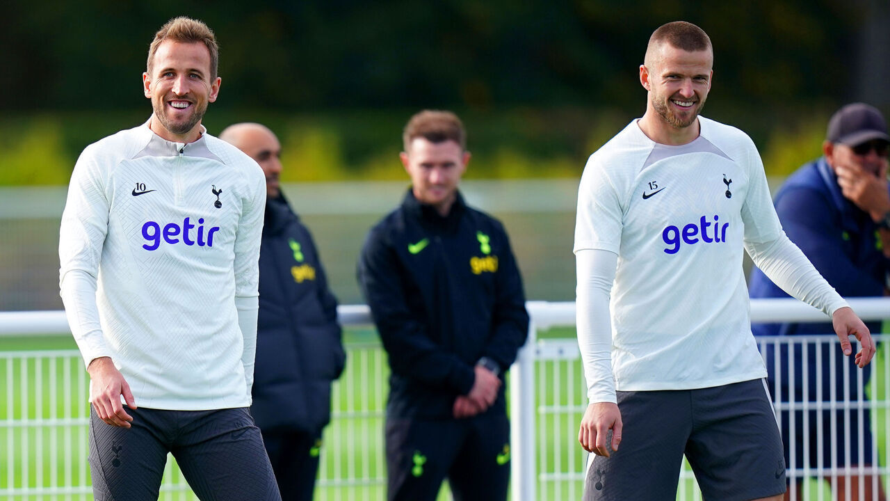Tottenham Hotspur's Harry Kane (left) and Eric Dier during a training session at the Tottenham Hotspur Training Ground, Enfield. Picture date: Tuesday October 25, 2022.