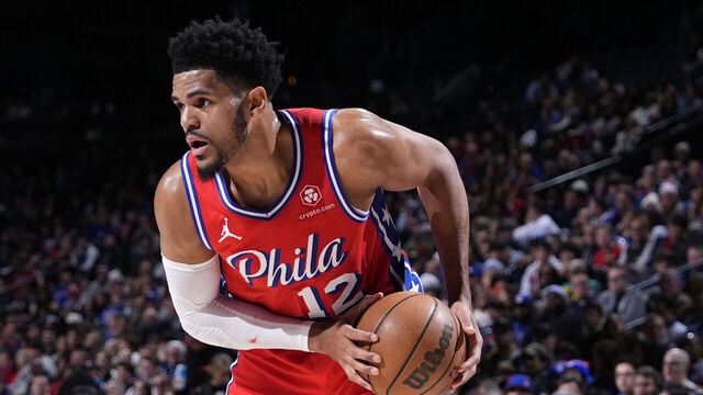 PHILADELPHIA, PA - JANUARY 12: Tobias Harris #12 of the Philadelphia 76ers handles the ball during the game on January 12, 2024 at the Wells Fargo Center in Philadelphia, Pennsylvania NOTE TO USER: User expressly acknowledges and agrees that, by downloading and/or using this Photograph, user is consenting to the terms and conditions of the Getty Images License Agreement. Mandatory Copyright Notice: Copyright 2024 NBAE