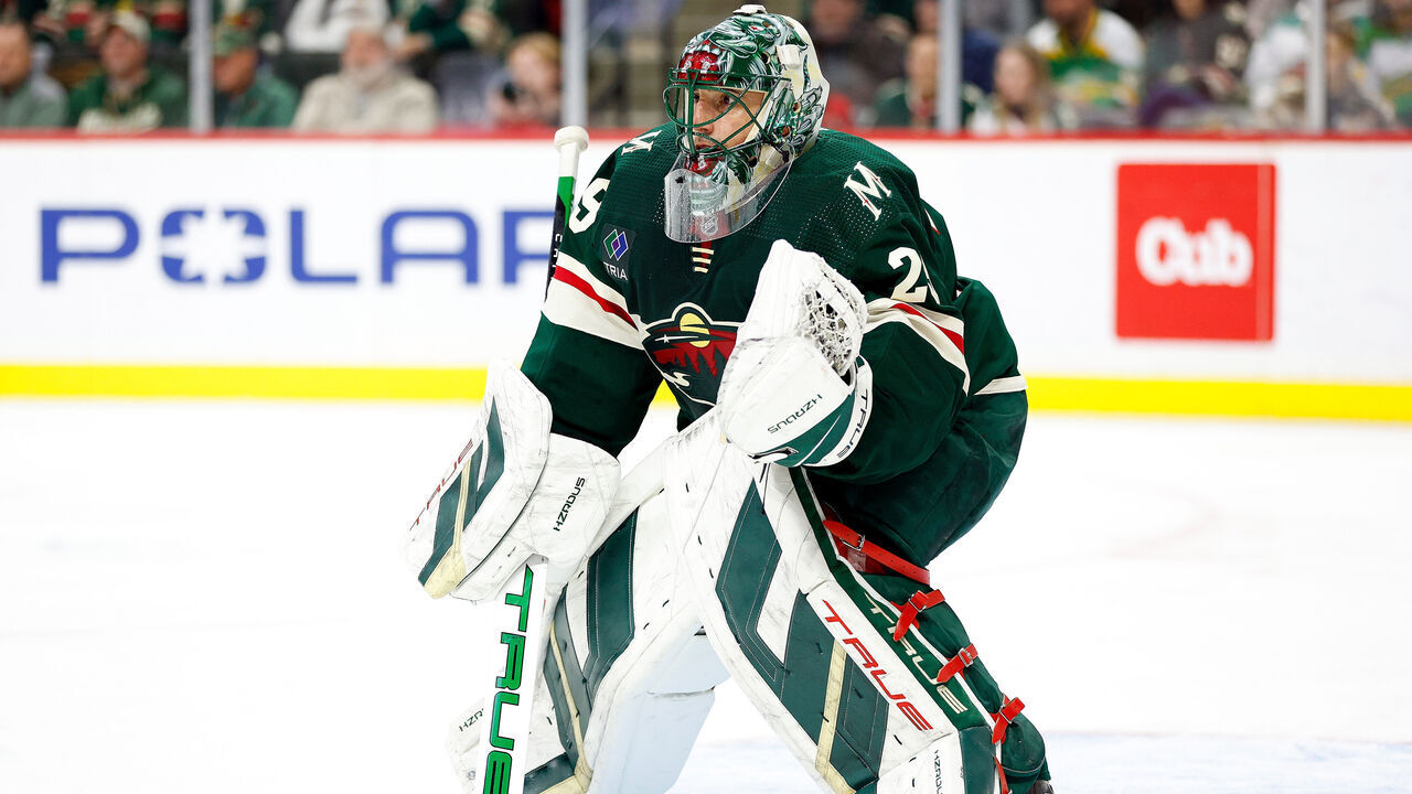 ST PAUL, MINNESOTA - JANUARY 08: Marc-Andre Fleury #29 of the Minnesota Wild defends the net against the Dallas Stars in the second period at Xcel Energy Center on January 08, 2024 in St Paul, Minnesota.