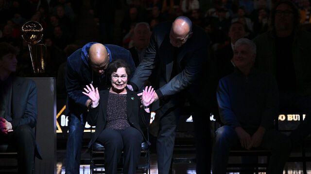 CHICAGO, ILLINOIS - JANUARY 12: Thelma Krause, Wife of Jerry Krause looks on during the inaugural Ring of Honor ceremony for the 1995-1996 Chicago Bulls at the game between Golden State Warriors and Chicago Bulls at the United Center on January 12, 2024 in Chicago, Illinois.