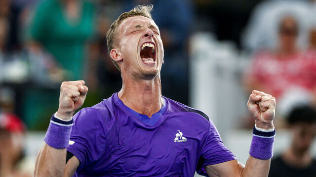 ADELAIDE, AUSTRALIA - JANUARY 13: Jiri Lehecka of Czechoslovakia celebrates winning the match against Jack Draper of Great Britain in the 2024 Adelaide International at Memorial Drive on January 13, 2024 in Adelaide, Australia.
