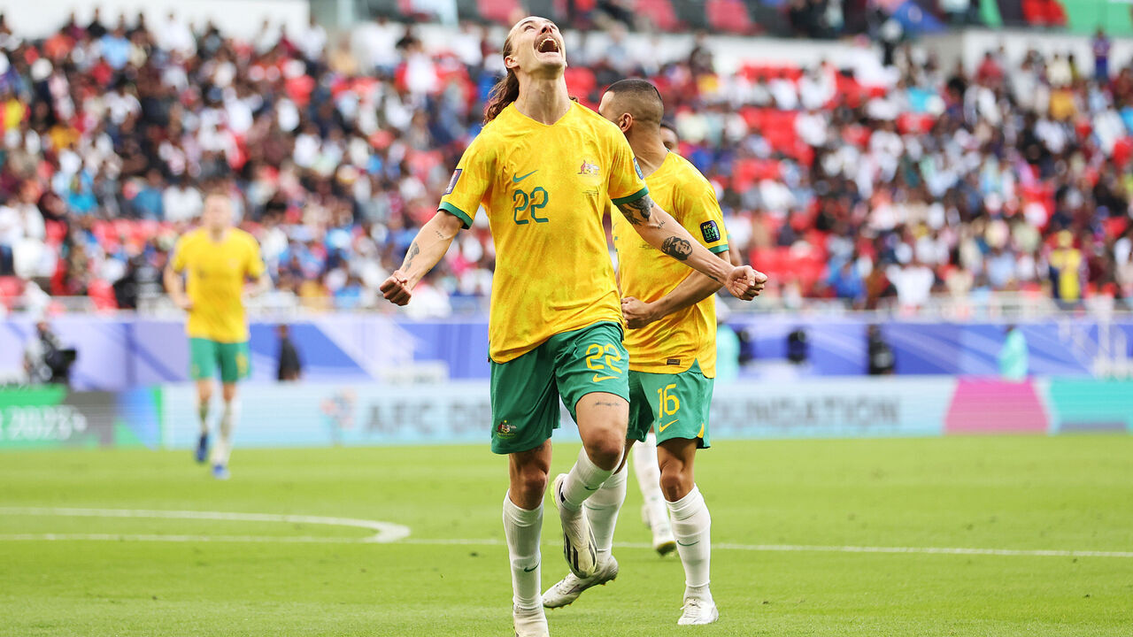 DOHA, QATAR - JANUARY 13: Jackson Irvine of Australia celebrates after scoring their sides first goal during the AFC Asian Cup Group B match between Australia and India at Ahmad Bin Ali Stadium on January 13, 2024 in Doha, Qatar.
