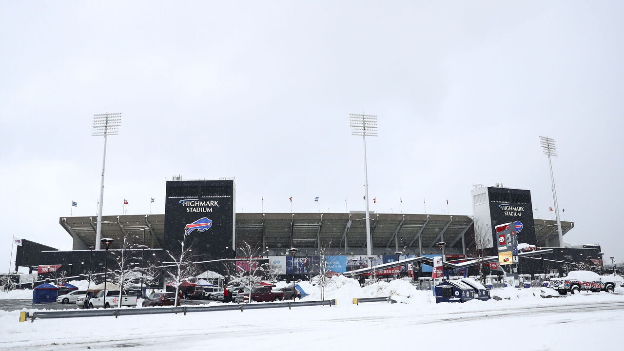 ORCHARD PARK, NY - DECEMBER 17: A general overall exterior view of Highmark Stadium covered in snow prior to an NFL football game between the Miami Dolphins and the Buffalo Bills on December 17, 2022 in Orchard Park, New York.