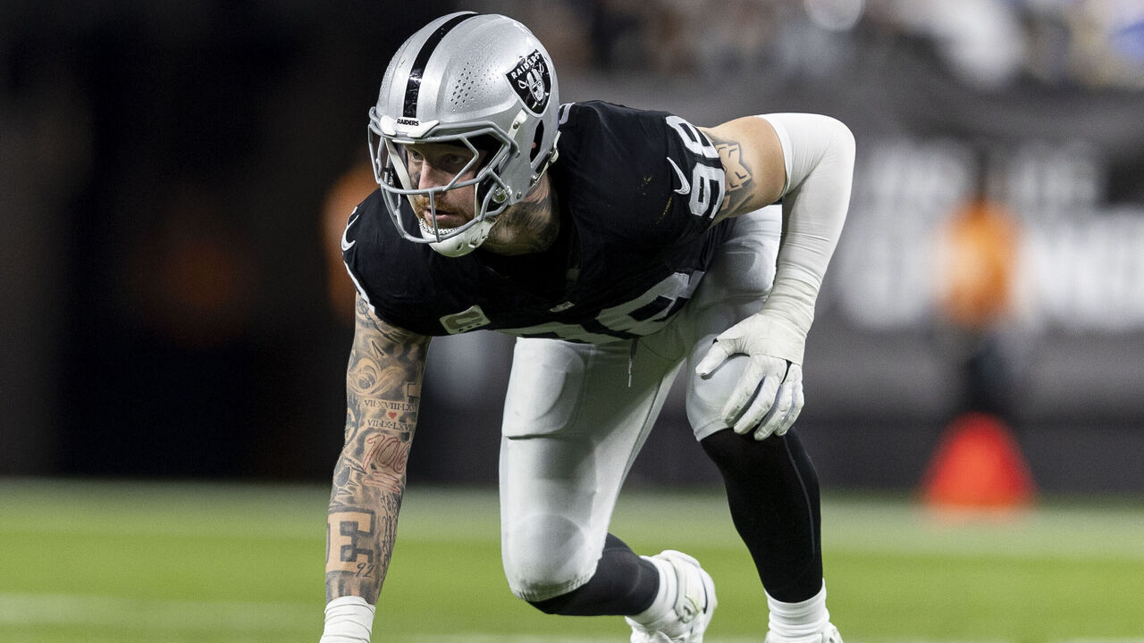 LAS VEGAS, NEVADA - DECEMBER 14: Maxx Crosby #98 of the Las Vegas Raiders lines up during an NFL football game between the Las Vegas Raiders and the Los Angeles Chargers at Allegiant Stadium on December 14, 2023 in Las Vegas, Nevada.