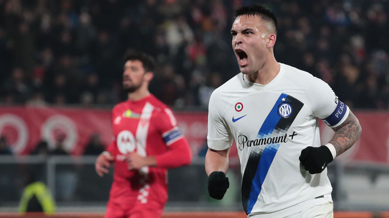 MONZA, ITALY - JANUARY 13: Lautaro Martinez of FC Internazionale celebrates after scoring the team's fourth goal during the Serie A TIM match between AC Monza and FC Internazionale at U-Power Stadium on January 13, 2024 in Monza, Italy.