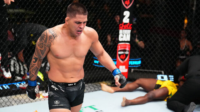 LAS VEGAS, NEVADA - JANUARY 13: Brunno Ferreira of Brazil reacts after his knockout victory against Phil Hawes in a middleweight fight during the UFC Fight Night event at UFC APEX on January 13, 2024 in Las Vegas, Nevada.