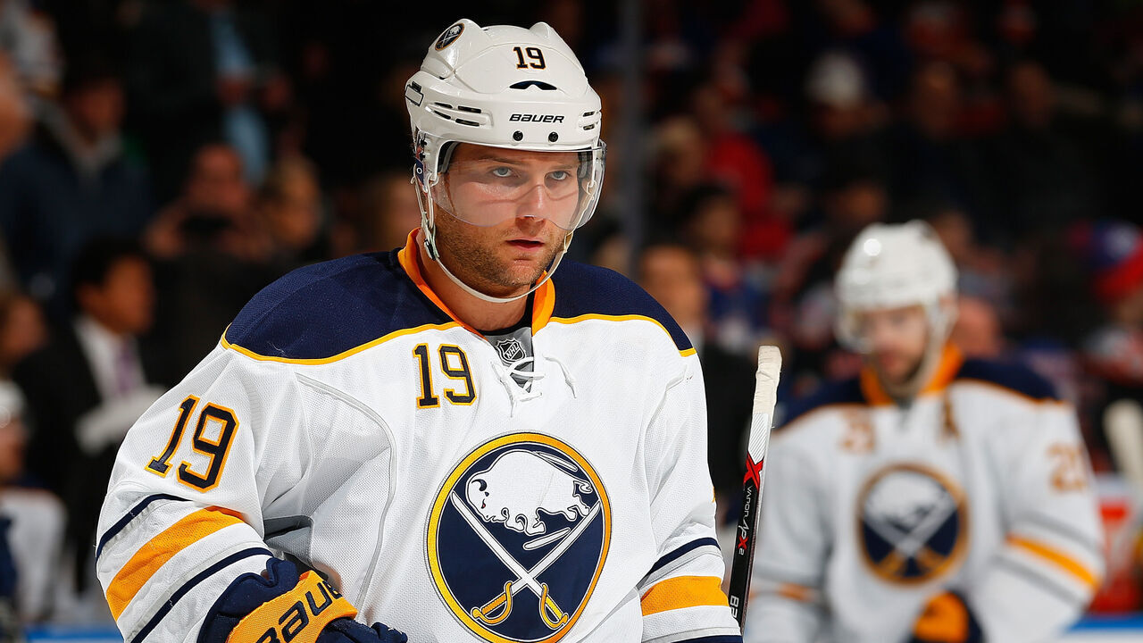 UNIONDALE, NY - MARCH 15: Cody Hodgson #19 of the Buffalo Sabres skates against the New York Islanders at Nassau Veterans Memorial Coliseum on March 15, 2014 in Uniondale, New York. The Islanders defeated the Sabres 4-1.