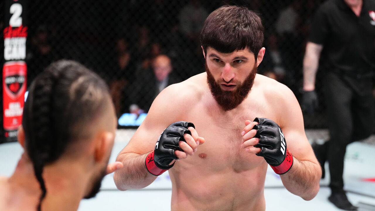 LAS VEGAS, NEVADA - JANUARY 13: Magomed Ankalaev of Russia battles Johnny Walker of Brazil in a light heavyweight fight during the UFC Fight Night event at UFC APEX on January 13, 2024 in Las Vegas, Nevada.