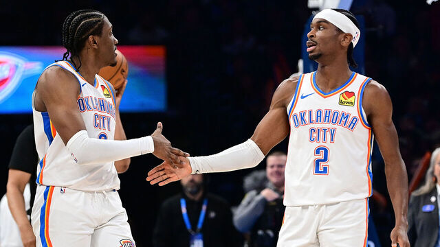 OKLAHOMA CITY, OKLAHOMA - JANUARY 13: Jalen Williams #8 and Shai Gilgeous-Alexander #2 of the Oklahoma City Thunder celebrate during the second half against the Orlando Magic at Paycom Center on January 13, 2024 in Oklahoma City, Oklahoma.