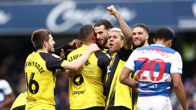LONDON, ENGLAND - JANUARY 14: Jake Livermore of Watford celebrates their first goal with Matheus Martins of Watford during the Sky Bet Championship match between Queens Park Rangers and Watford at Loftus Road on January 14, 2024 in London, England.