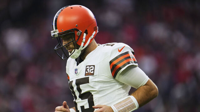 HOUSTON, TX - JANUARY 13: Joe Flacco #15 of the Cleveland Browns jogs towards the sideline against the Houston Texans during the first half of the AFC Wild Card playoff game at NRG Stadium on January 13, 2024 in Houston, Texas.
