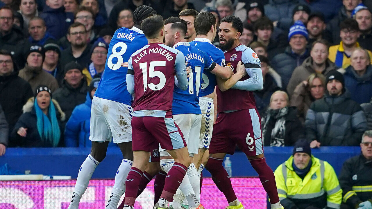 Everton's Seamus Coleman clashes with Aston Villa's Douglas Luiz during the Premier League match at Goodison Park, Liverpool. Picture date: Sunday January 14, 2024.