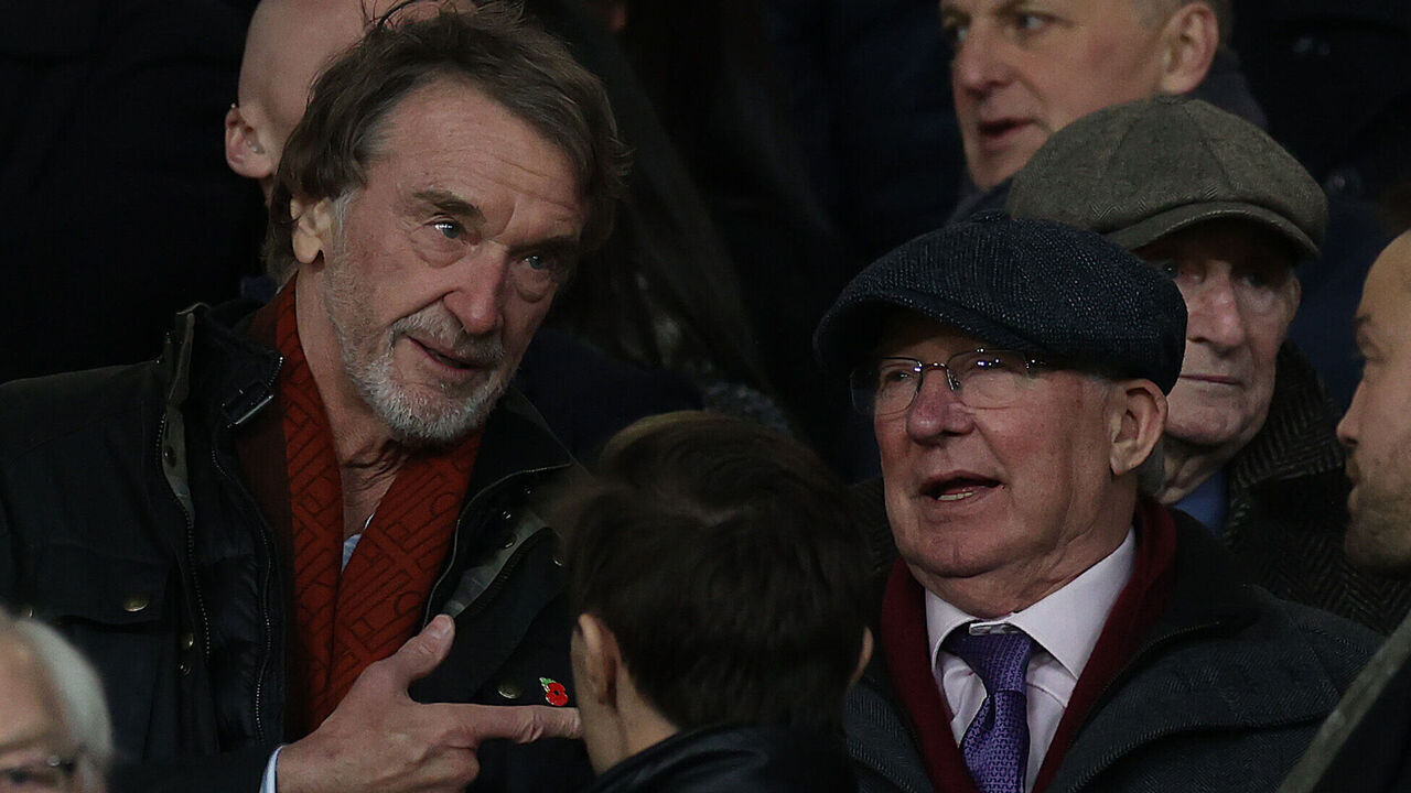 MANCHESTER, ENGLAND - JANUARY 14: Sir Jim Ratcliffe of INEOS talks to Sir Alex Ferguson in the directors box ahead of the Premier League match between Manchester United and Tottenham Hotspur at Old Trafford on January 14, 2024 in Manchester, England.