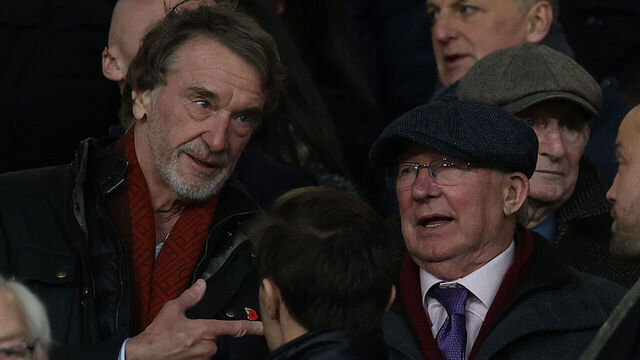 MANCHESTER, ENGLAND - JANUARY 14: Sir Jim Ratcliffe of INEOS talks to Sir Alex Ferguson in the directors box ahead of the Premier League match between Manchester United and Tottenham Hotspur at Old Trafford on January 14, 2024 in Manchester, England.