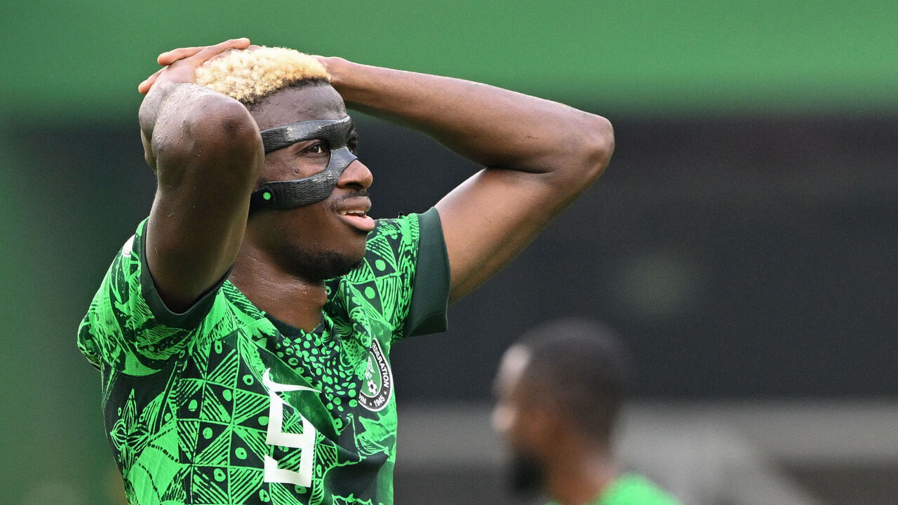 Nigeria's forward #9 Victor Osimhen looks on during the Africa Cup of Nations (CAN) 2024 group A football match between Nigeria and Equatorial Guinea at the Alassane Ouattara Stadium in Ebimpe, Abidjan, on January 14, 2024.