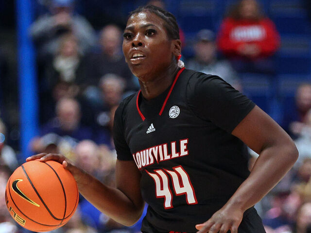 HARTFORD, CT - DECEMBER 16: Louisville Cardinals forward Olivia Cochran (44) in action during the women's college basketball game between Louisville Cardinals and UConn Huskies on December 16, 2023, at the XL Center in Hartford, CT.