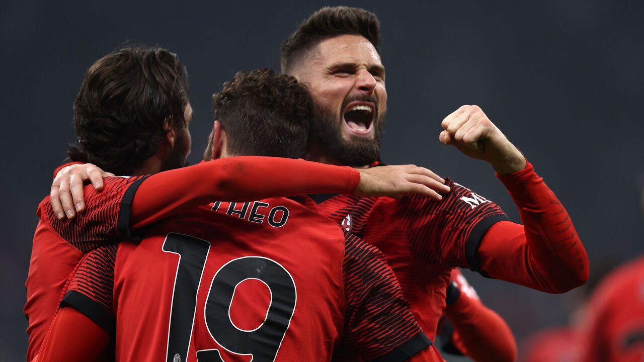 MILAN, ITALY - JANUARY 14: Theo Hernandez of Ac Milan and Yacine Adli of Ac Milan and Olivier Giroud of Ac Milan celebrates after scoring his team's third goal with team mates during the Serie A TIM match between AC Milan and AS Roma - Serie A TIM at Stadio Giuseppe Meazza on January 14, 2024 in Milan, Italy.