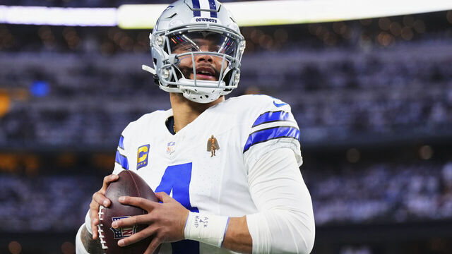 DALLAS, TX - JANUARY 14: Dak Prescott #4 of the Dallas Cowboys warms up before kickoff against the Green Bay Packers during the NFC Wild Card playoff game at AT&T Stadium on January 14, 2024 in Dallas, Texas.