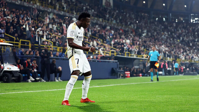 RIYADH, SAUDI ARABIA - JANUARY 14: Vinicius Junior of Real Madrid celebrates after scoring their team's first goal during the Super Copa de España Final match between Real Madrid and FC Barcelona on January 14, 2024 in Riyadh, Saudi Arabia.