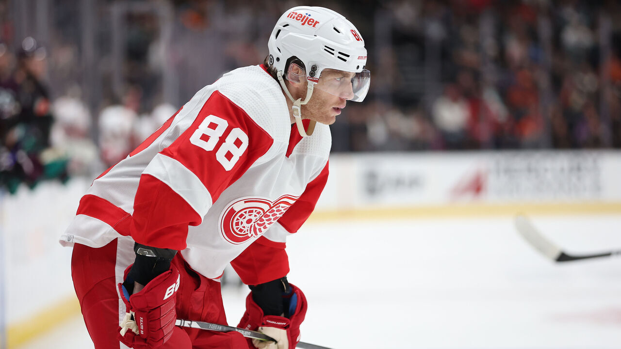 ANAHEIM, CALIFORNIA - JANUARY 07: Patrick Kane #88 of the Detroit Red Wings looks on during the first period of a game against the Anaheim Ducks at Honda Center on January 07, 2024 in Anaheim, California.