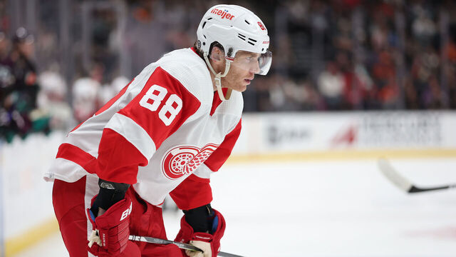 ANAHEIM, CALIFORNIA - JANUARY 07: Patrick Kane #88 of the Detroit Red Wings looks on during the first period of a game against the Anaheim Ducks at Honda Center on January 07, 2024 in Anaheim, California.