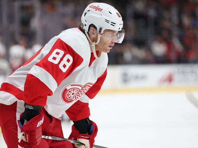 ANAHEIM, CALIFORNIA - JANUARY 07: Patrick Kane #88 of the Detroit Red Wings looks on during the first period of a game against the Anaheim Ducks at Honda Center on January 07, 2024 in Anaheim, California.